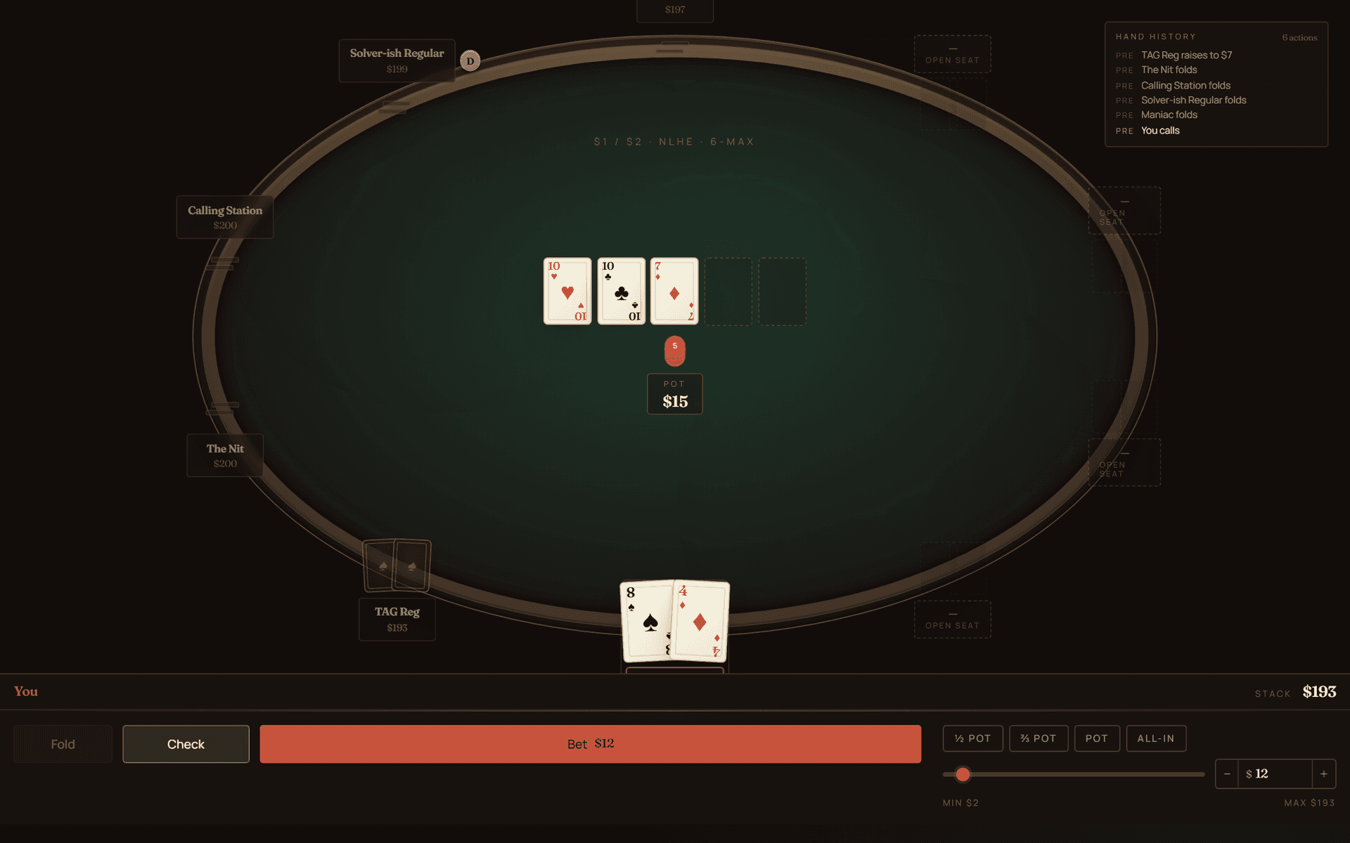 pokersim table — felt surface, flop dealt, five opponents, chips in the pot, hero to act